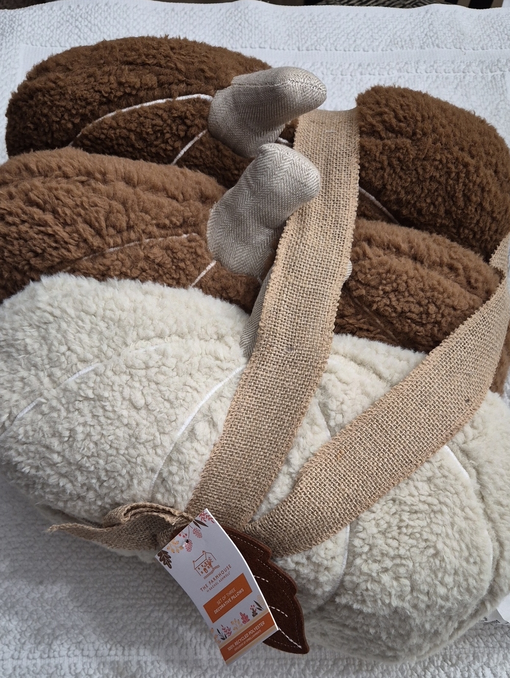 RACHEL ASHWELL 3 Pack PUMPKIN SHAPED PILLOWS Brown, Tan, Cream